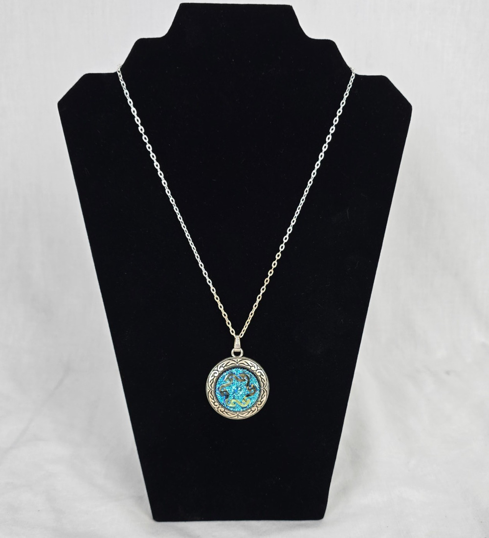 Czech Glass Pendant Necklace 20" Blue & Silver Tones NWT
